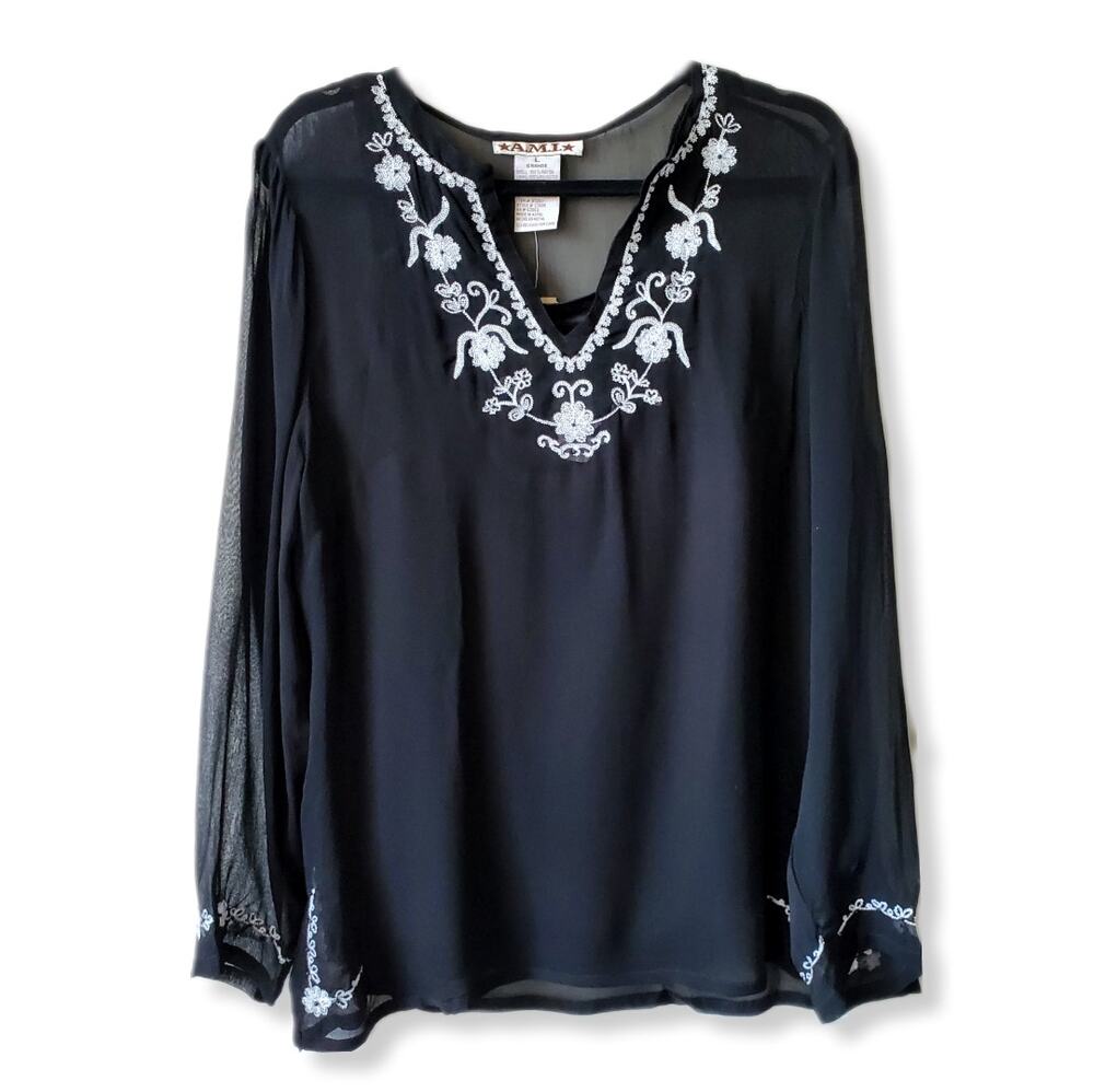 AMI Women Black White Sheer Top Blouse L Boho Delicate Dark Fairy Witchy Whimsy